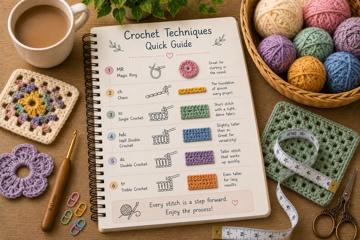 Cuaderno, lana y muestras de crochet para Cómo tejer un círculo plano a crochet: cómo funcionan los aumentos