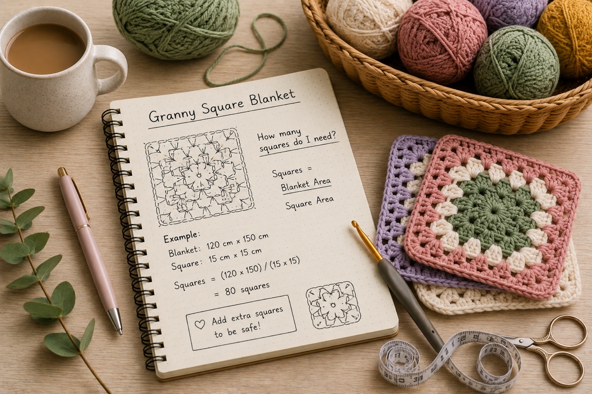 Craft notebook, yarn and crochet samples for Crochet Blanket Size Guide: Baby, Throw and Bed Blankets