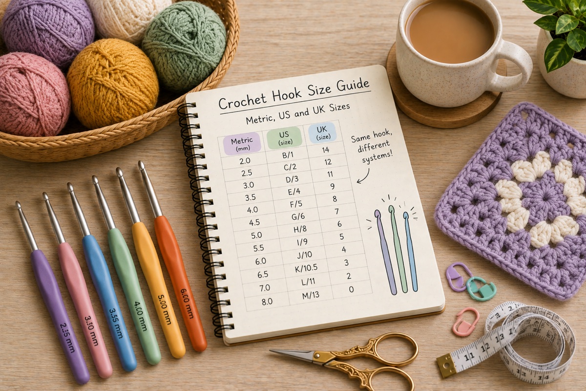 Craft notebook, yarn and crochet samples for Crochet Hook Size Guide: Metric, US and UK Sizes