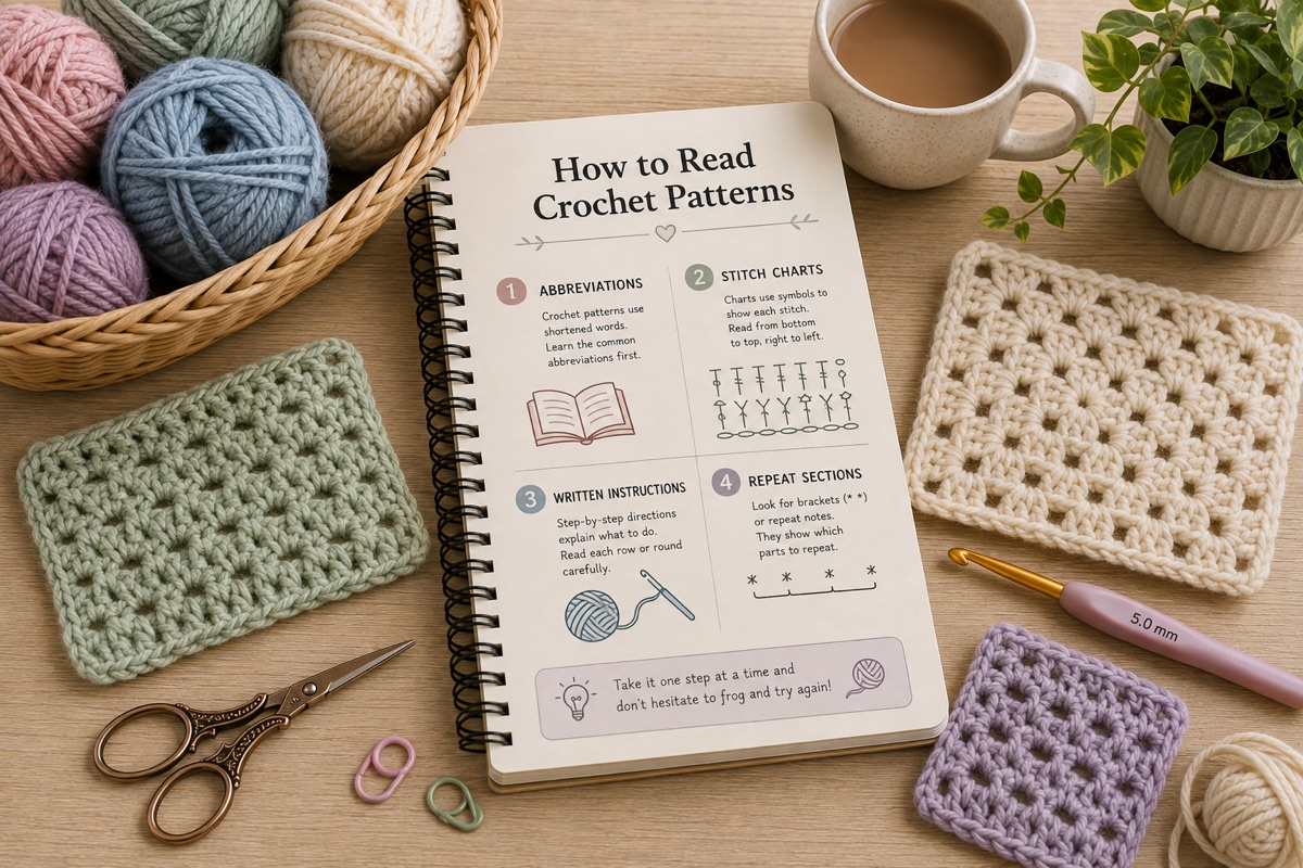 Craft notebook, yarn and crochet samples for How to Resize a Crochet or Knitting Pattern Using Gauge