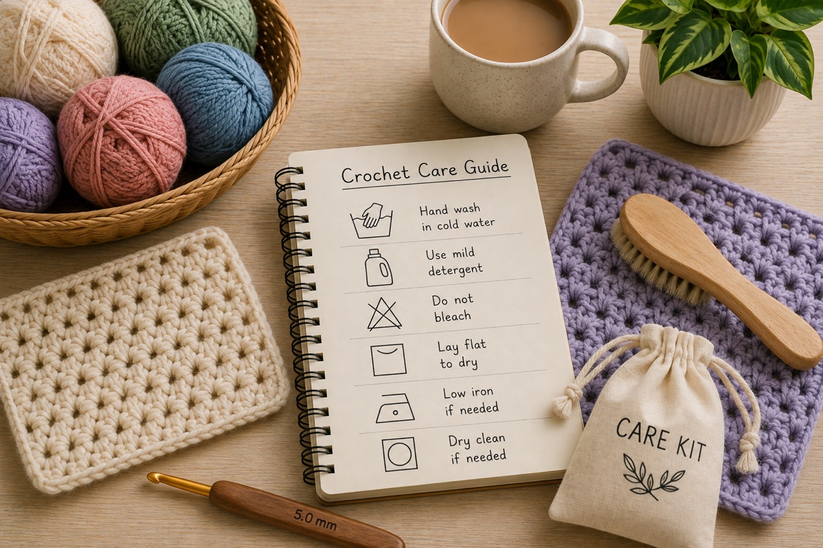 Craft notebook, yarn and crochet samples for How to Price Crochet Projects Without Guessing