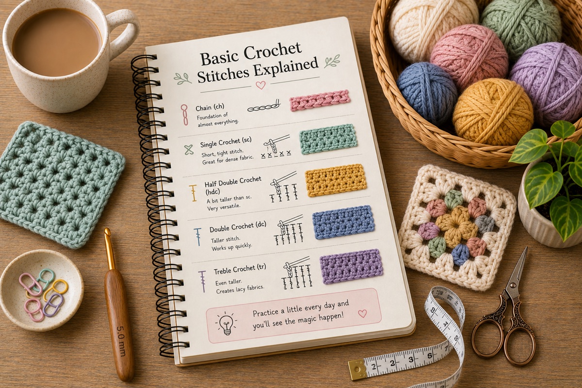 Craft notebook, yarn and crochet samples for How Many Crochet Stitches Do I Need for a Specific Width?