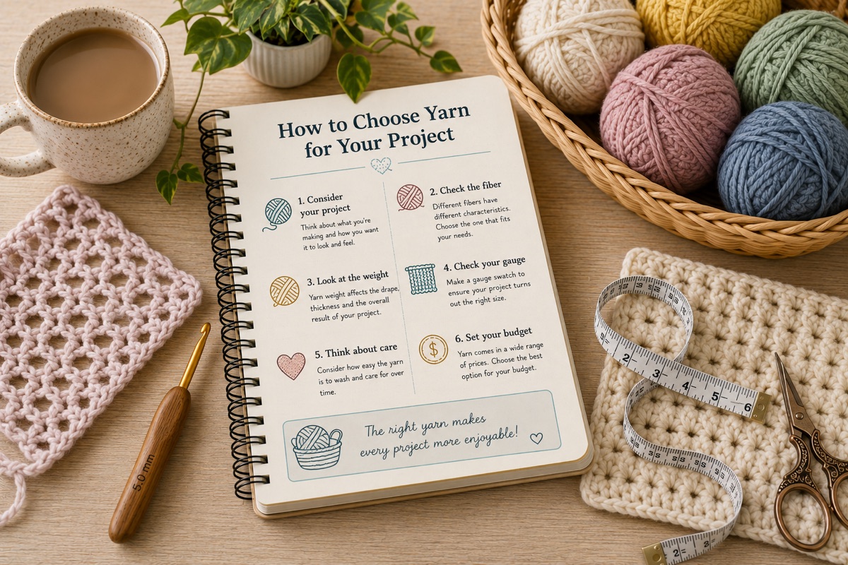 Craft notebook, yarn and crochet samples for How to Substitute Yarn Without Ruining Your Project
