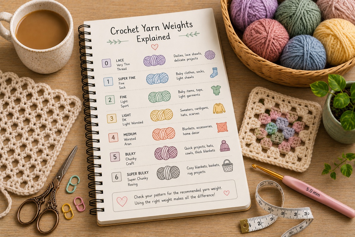 Craft notebook, yarn and crochet samples for Yarn Weight Guide: Lace to Jumbo and Why the Label Is Only a Starting Point